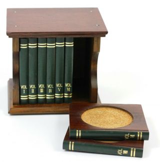 Vintage Books Wood Cork Coasters Complete Set Bookshelf Volumes Library Barware
