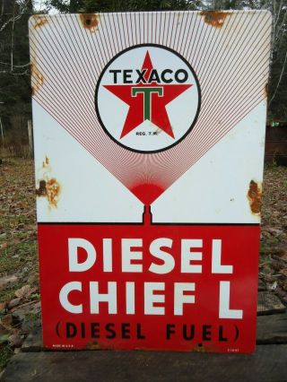 Old Large 1947 Texaco Diesel Chief L Fuel Porcelain Enamel Sign