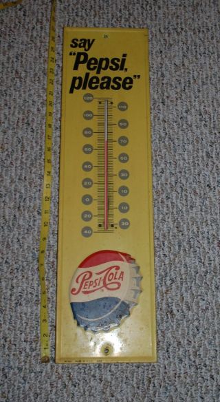 Vtg Pepsi - Cola Metal Thermometer Say " Pepsi,  Please " Embossed Advertising Sign