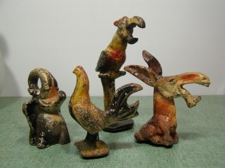 Set Of 4 Vintage Cast Iron Bottle Openers Parrot,  Rooster,  Mule,  Elephant