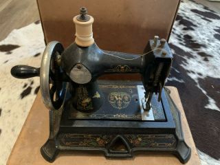 Antique Hand Crank Mini Cast Iron Sewing Machine Black Gold Small No.  14407