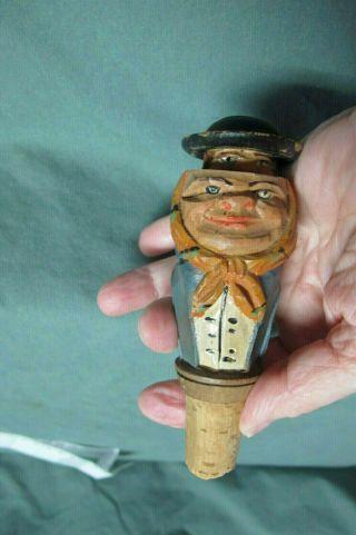 Vintage Wooden Hand Carved Man W Movable Hat Bottle Stopper Topper Cork