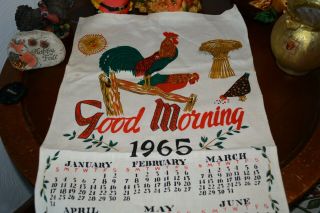 Vintage 1965 Linen Rooster Calendar Towel " Good Morning " Roosters Chicken