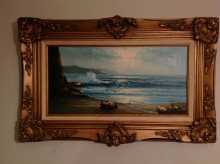 Vintage Art Seascape Blue Crashing Waves By Walters Gold Gilt Frame