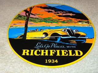 Vintage Lets Go Places W/ Richfield In 1934 8 " Porcelain Metal Gasoline Oil Sign