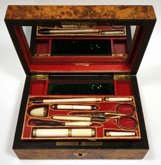 Antique 1820s Small Burl Wood Sewing Box & Tools Knitting Needle Guards Thimble