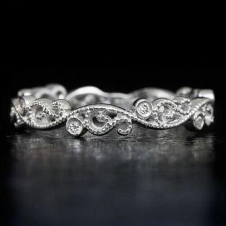 Diamond Art Deco 14k Wedding Band Filigree Floral Vintage Retro White Gold Ring