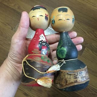 19&19.  4cm Pair Kokeshis Akita Kokeshi Antique Wooden Dolls No.  Ak615t