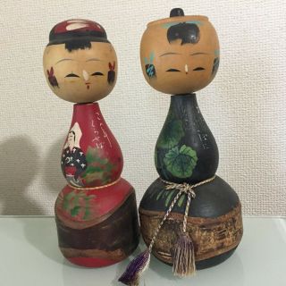 19&19.  4cm pair Kokeshis Akita Kokeshi Antique Wooden Dolls No.  AK615T 2