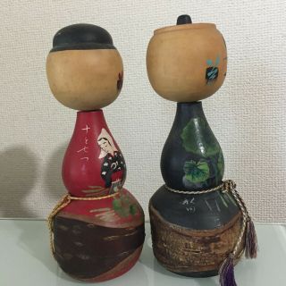 19&19.  4cm pair Kokeshis Akita Kokeshi Antique Wooden Dolls No.  AK615T 3