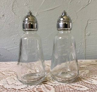 Vintage Etched Glass Salt & Pepper Shaker 4 " Tall Set (2) Chrome Tops