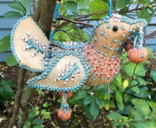 Antique Victorian Beaded Bird With Cherries Whimsey Pin Cushion
