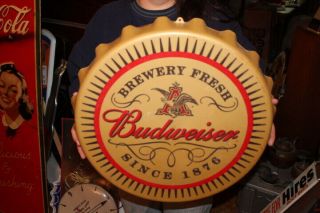 Large Vintage Budweiser Beer Bottle Cap Bar Tavern Gas Oil 2 Sided 20 " Sign