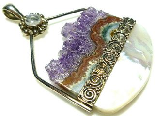 Sajen Sterling Silver Rough Cut Amethyst Mop Mother Of Pearl Large Pendant