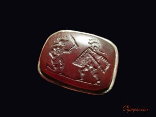 Outstanding Ancient Roman Silver Ring Gladiators On Red Stone