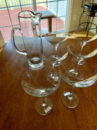 Vintage Toscany Martini Pitcher And 6 Glass Set,  Hand Blown,  Made In Romania