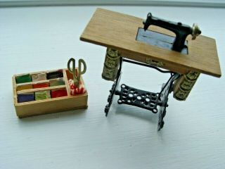 Dollhouse Miniatures 1:12 Antique Treadle Sewing Machine,  Sewing Box