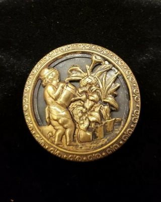 Scarce Antique Picture Button,  Naked Toddler Watering Plants Brass,  Lg