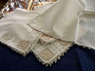 4 Antique Italian Pure Linen 20 " Napkins Needle And Punto In Aria Lace Inserts