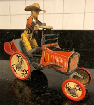 Vintage Marx Wind - Up Tin Litho Whoopee Crazy Car Cowboy Jalopy 1930 