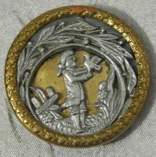 Antique Picture Button Brass & White Metal Olive Branch Dove Man Lrge 430 - B