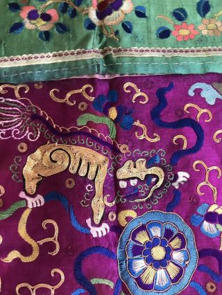 VTG Chinese Silk Embroidery Forbidden Stitch Fringed Metalwork Panel Lions Moths 2