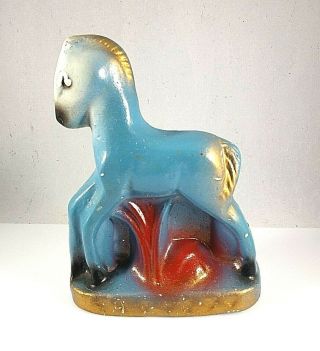 Vintage Carnival Chalkware Carousel Chalk Ware Horse Blue W Gold Red Accents