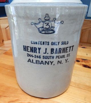 Large 3 Gallon Antique Stoneware Pottery Whisky Jug Henry J Barnett Albany Ny