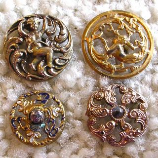Exquisite 4 Small Antique Buttons,  Enamel Cut Steels Mermaid,  Naked Lady Pierced