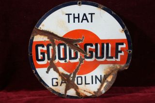 Vintage Good Gulf Gasoline Porcelain Sign Old Gas Pump Plate
