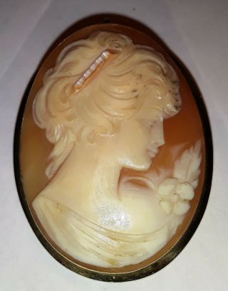 Antique Cameo Pendant Brooch 18k Gold Marked 750 Carved Shell Lady Portrait Pin