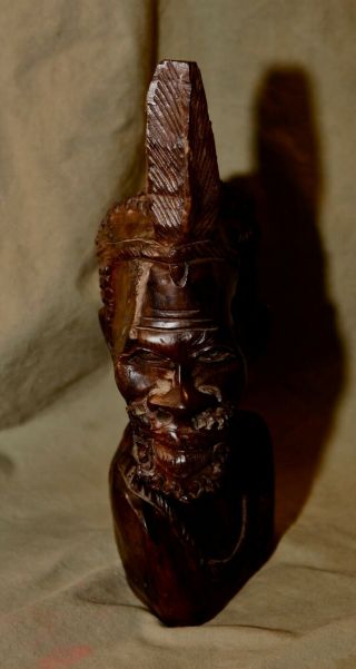Vintage 10 " Carved Wood African Art Sculpture Bust Of Man W Feather Headress