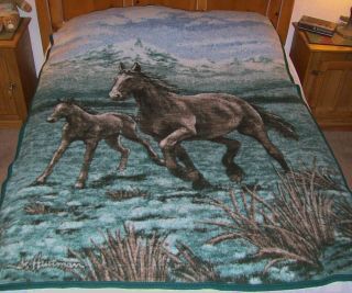 Vintage Biederlack Of America Usa Horse & Foal Blanket Hautman 54 " X 72 "