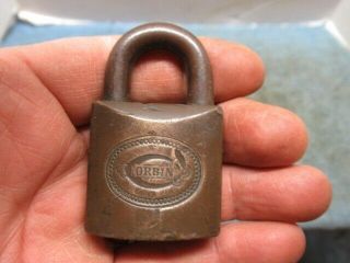 Unusual Old Brass Corbin Padlock Lock With The Old Style Key And Corbin Logo.  N/r