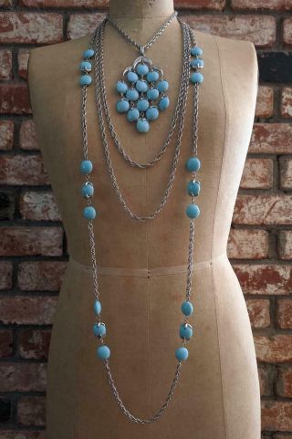 Crown Trifari Necklaces & Earrings Set: Light Blue Lucite Waterfall Chandelier