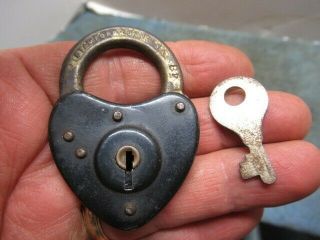 Unusual Old Heart Shaped Miniature Padlock Lock With A Key.  N/r