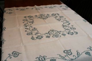 Vintage Linen Tablecloth Hand Embroidered 48x52 Flowers And Leaves