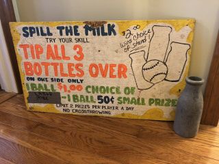 Vintage Hand Painted Knock Down Milk Bottle Carnival Sign Wooden With Bottle