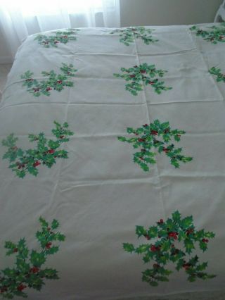 Vintage Christmas Table Cloth 64 " X 54 " White,  Green Holly & Berries Wilendu