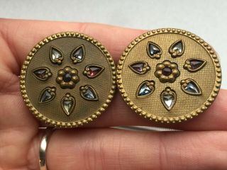 2 Large Antique Victorian Brass And Glass Buttons