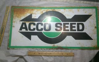Vintage Tin/metal " Acco Seed " Feed Farm Dealer Arrow Sign.  24 " X 12 " Inches