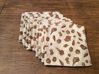 Set Of 10 Vintage Large Cloth Napkins In A Brown And Beige Seashell Pattern