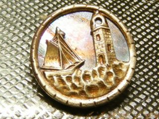 Antique Picture Button Of Light House & Boat With Pearl Background