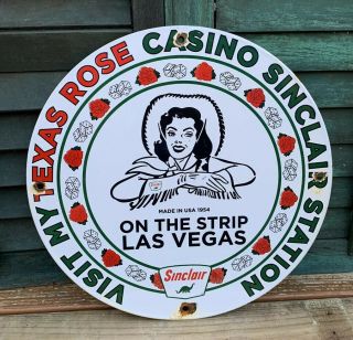 Old 1954 Sinclair " Texas Rose Casino " Porcelain Pump Sign Las Vegas Pin - Up Rare