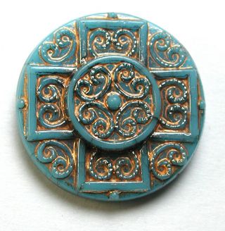 Antique Victorian Glass Button Turquoise Cross W/ Gold Luster Design - 11/16 "