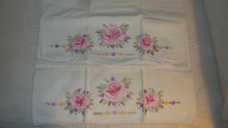 Vintage Embroidered Cotton Pillowcase Pair Pink Roses,  Purple,  Yellow Floral