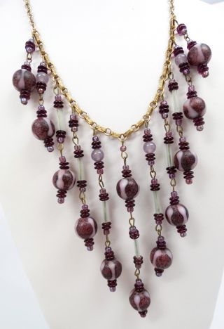 Stunning Antique Art Deco Purple & Lilac Czech Glass Bib Dangle Necklace