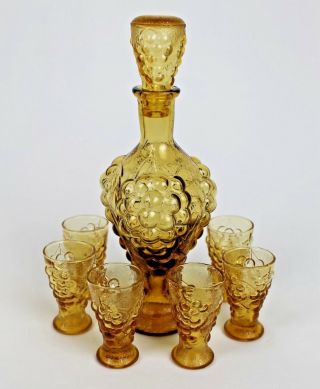 Vintage Amber Glass Wine Liqueur Decanter With 6 Cordial Glasses - Grape Design