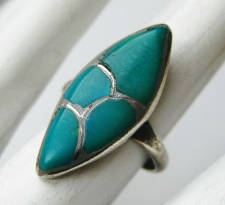 Vintage Native American Navajo Indian Sterling Silver Turquoise Inlay Ring 5.  5