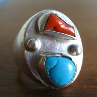 Vintage Native American Navajo Indian Sterling Silver Turquoise Coral Ring 9